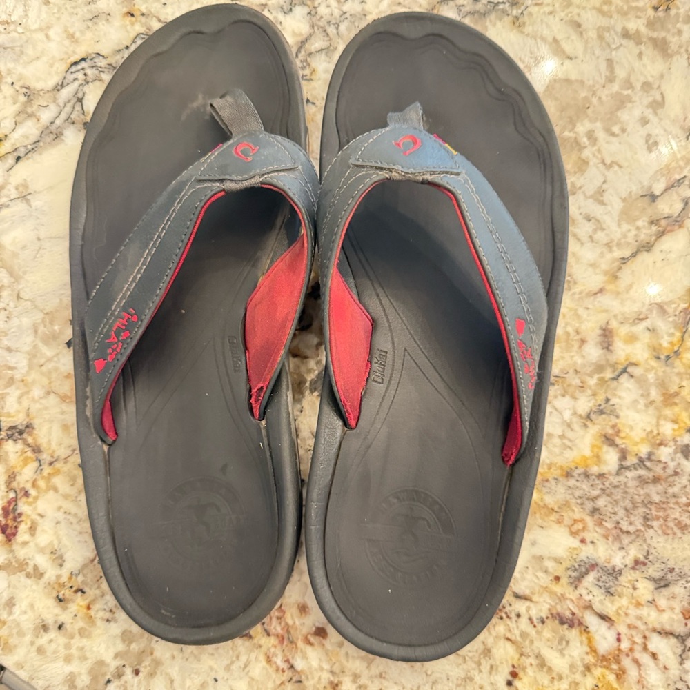 OluKai Gray and Red Flip-Flops